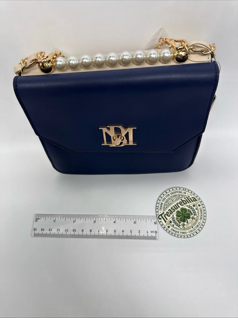 Badgley Mischka Home Navy/white Double Crossbody with Pearl/gold Handle - Picture 4 of 16